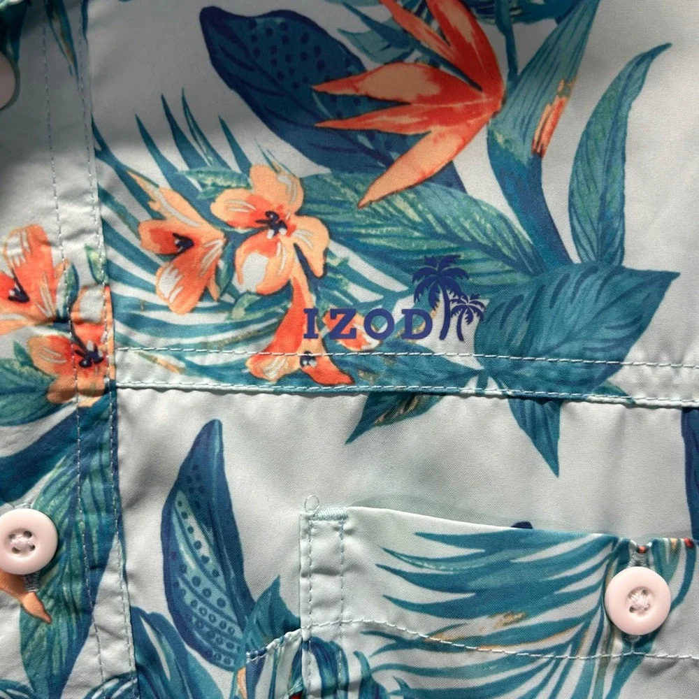 IZOD Saltwater Mens 2XLT Tropical Bird of Paradise Fishing Shirt Blue Short Slev - Picture 6 of 8